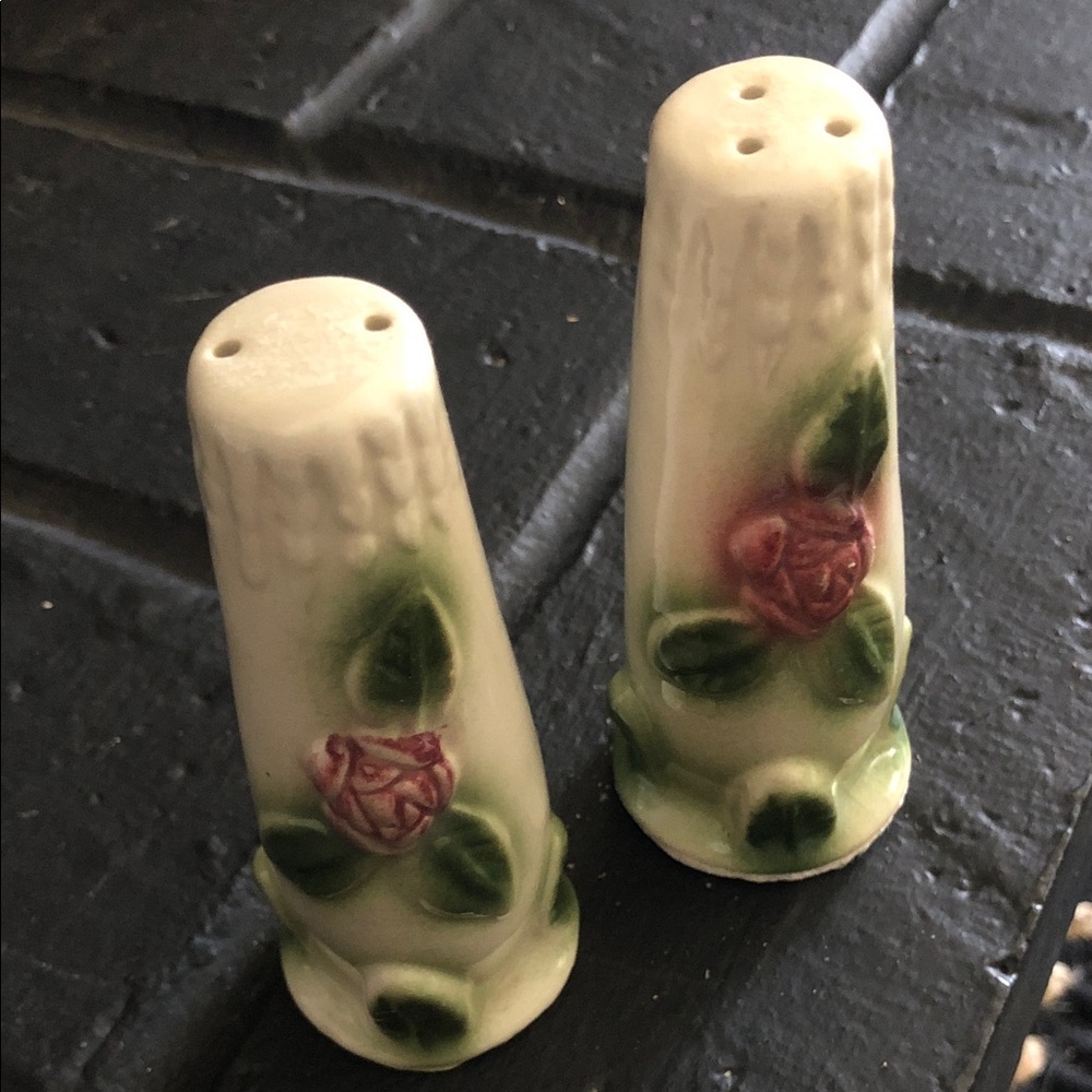 Vintage Floral Ceramic Salt and Pepper Shakers - Cream and Green